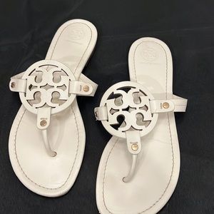 Gently used White Leather Tory Burch Miller Sandals with gold hardware - Size10